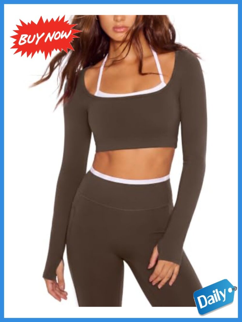 SUUKSESS Women's Workout Set Long Sleeve Halter Top High Waisted Leggings with